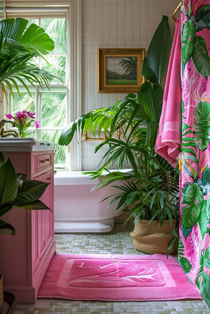29 Pink Bathroom Decor Ideas for a Fun and Feminine Touch 18 Tropical Pink Escape