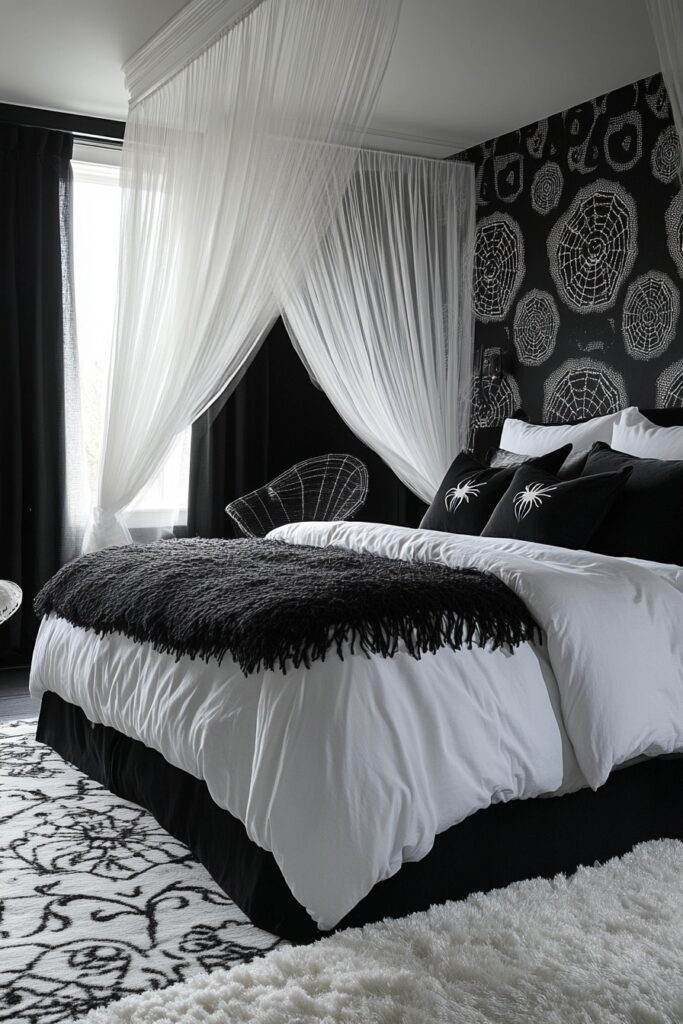 29 Halloween Decor Bedroom Ideas to Add Spooky Vibes to Your Sleeping Space 8 Webbed Sanctuary