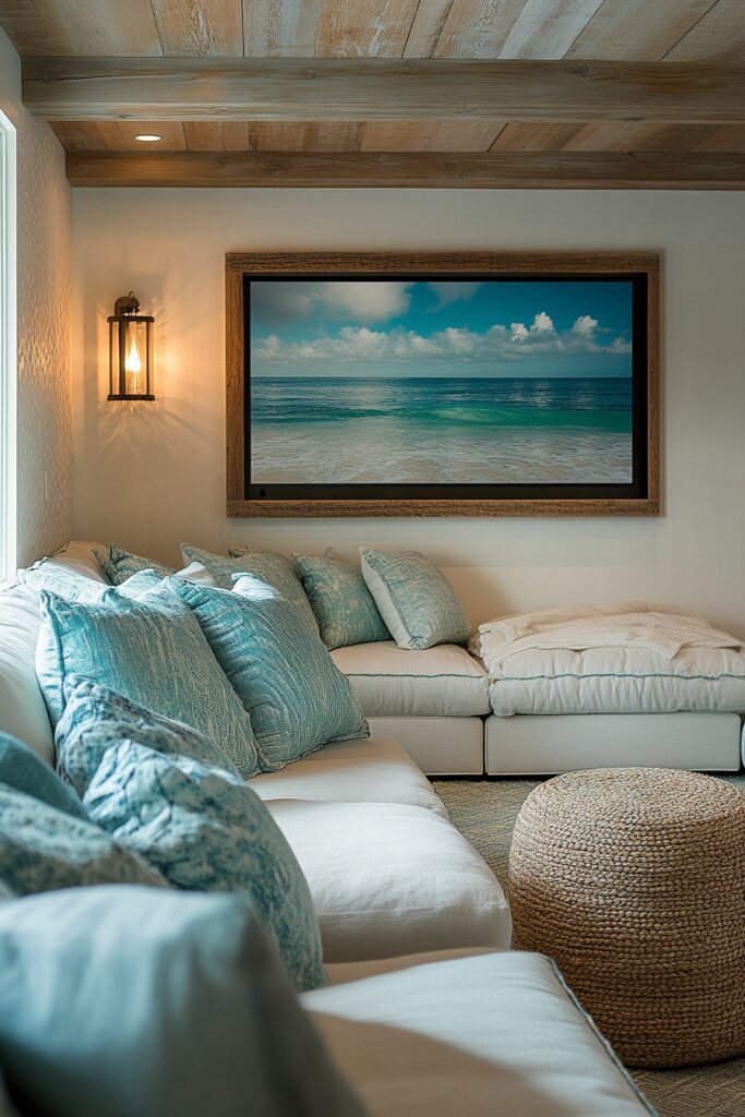 29 Cali Coastal Decor Ideas That Blend Beachy Vibes with Modern Style 12 Coastal Media Lounge