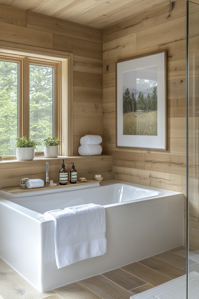 29 Small Log Cabin Interior Bathroom Ideas That Make the Most of Tiny Spaces 27 Wood-Trimmed Serenity Bathroom