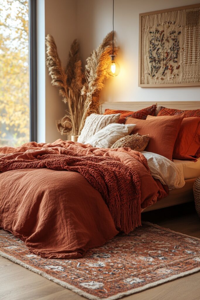 29 Orange Boho Bedroom Ideas for a Playful and Vibrant Bedroom Makeover 22 Autumnal Boho Chic