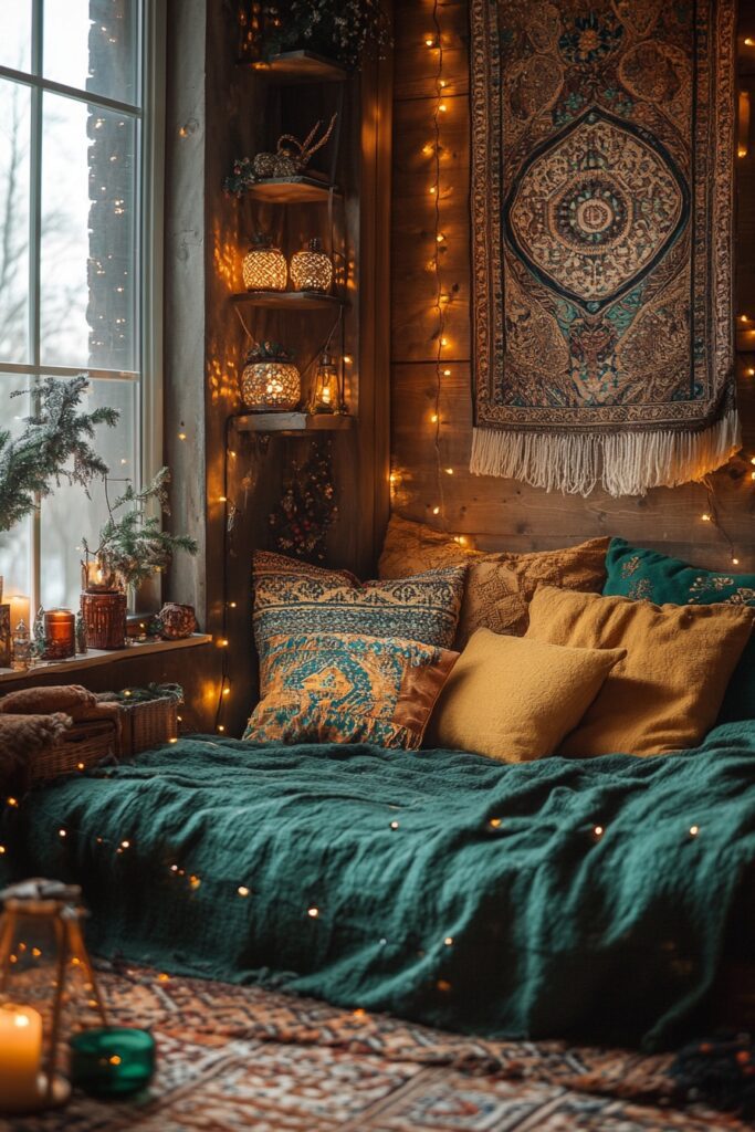 29 Boho Xmas Decor Bedroom Ideas for Crafting a Relaxing and Stylish Christmas Vibe 7 Festive Boho Cozy Corner