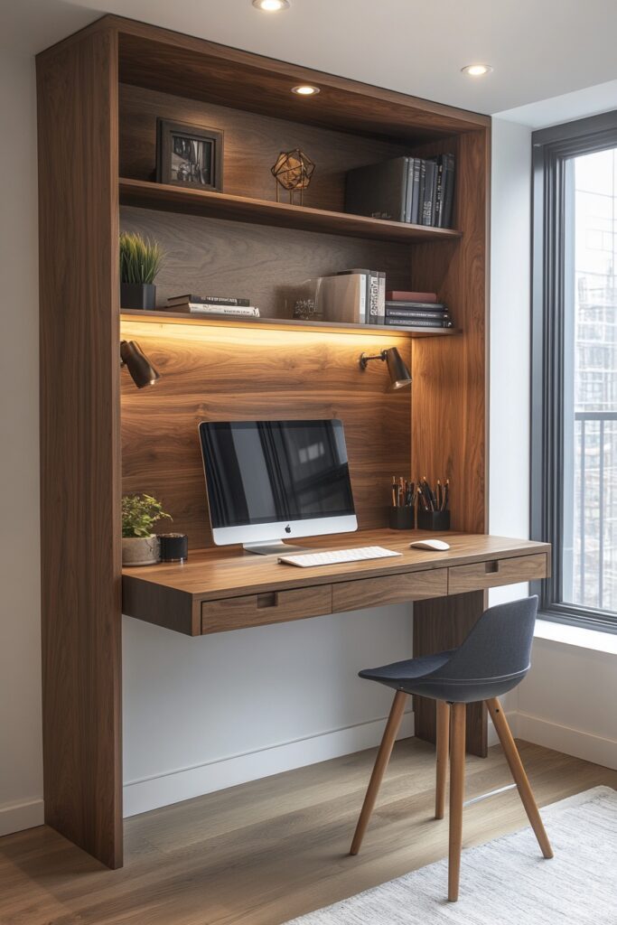 29 Tiny Apartment Home Office Ideas for Setting Up a Productive Home Workspace 10 Foldable Wall Workstation