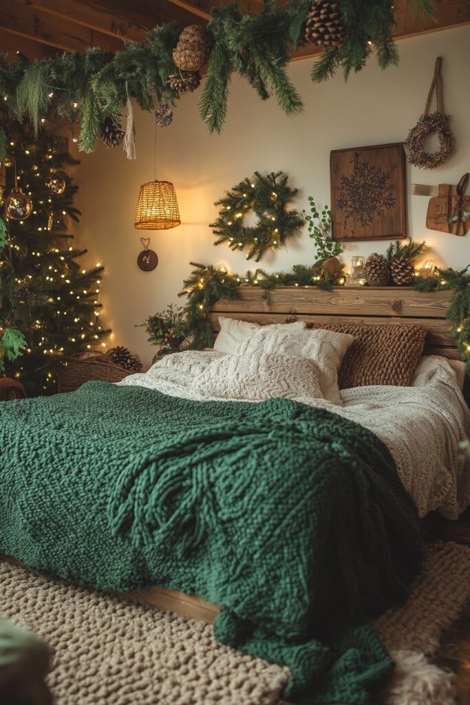 29 Boho Xmas Decor Bedroom Ideas for Crafting a Relaxing and Stylish Christmas Vibe 21 Forest Boho Nest