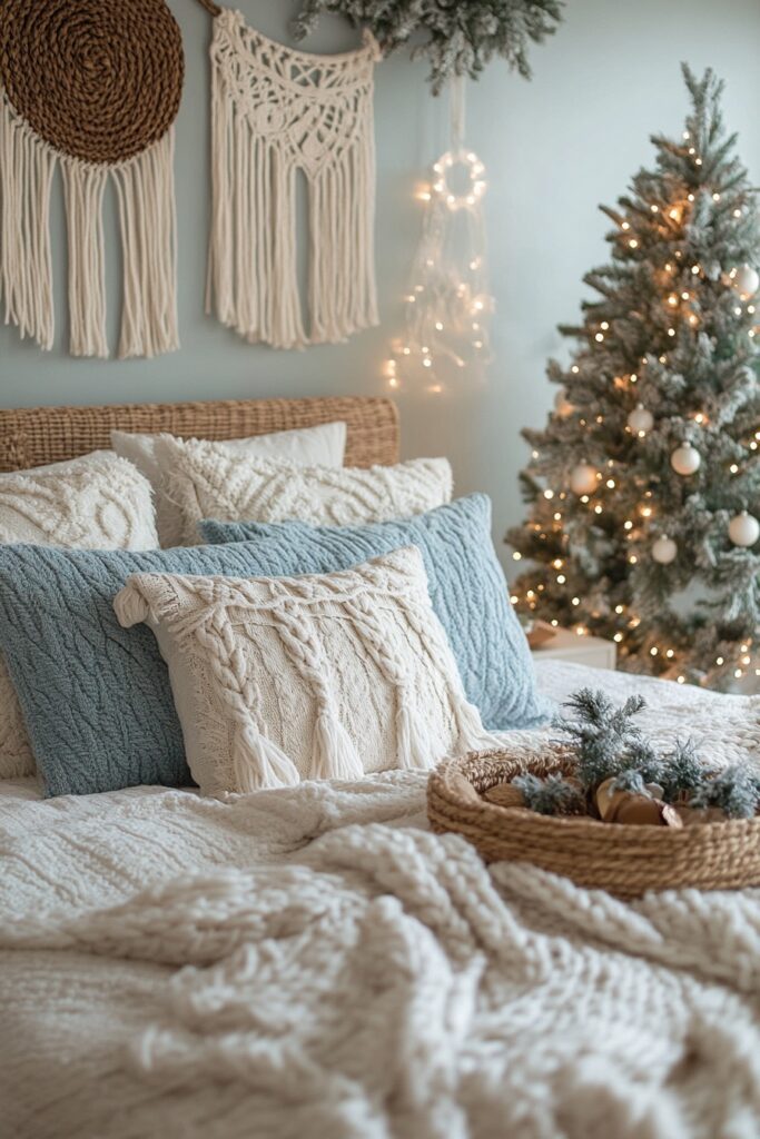 29 Boho Xmas Decor Bedroom Ideas for Crafting a Relaxing and Stylish Christmas Vibe 1 Frosty Wonderland Haven