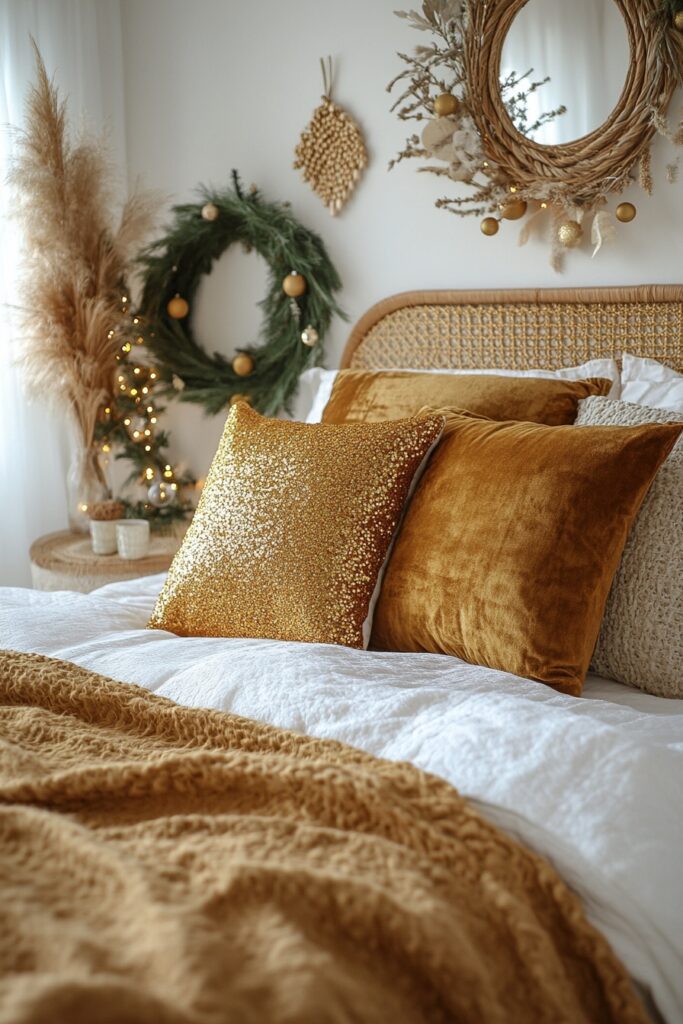 29 Boho Xmas Decor Bedroom Ideas for Crafting a Relaxing and Stylish Christmas Vibe 12 Golden Glam Boho Retreat