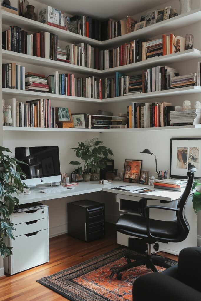 29 Tiny Apartment Home Office Ideas for Setting Up a Productive Home Workspace 16 High Shelf Desk Area