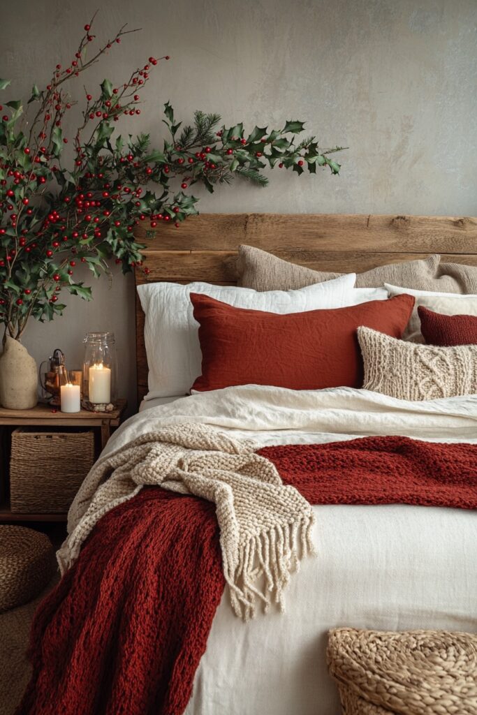 29 Boho Xmas Decor Bedroom Ideas for Crafting a Relaxing and Stylish Christmas Vibe 18 Holly-Infused Boho Bliss