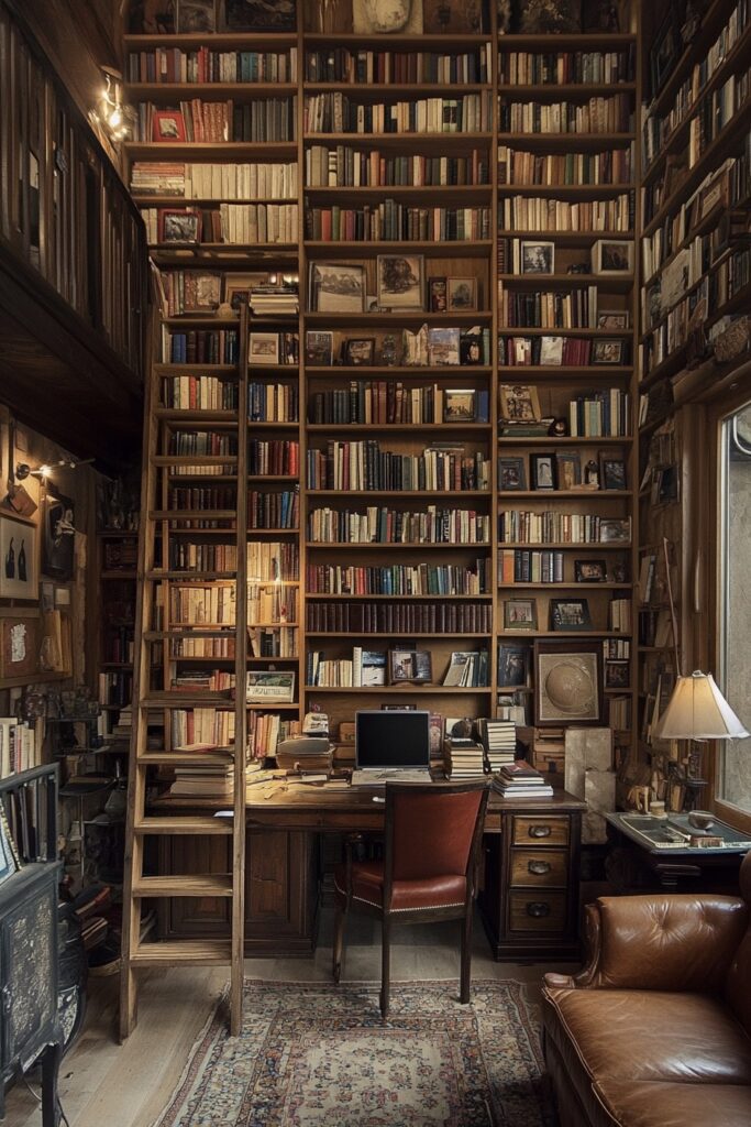 29 Tiny Apartment Home Office Ideas for Setting Up a Productive Home Workspace 12 Library Wall Workspace