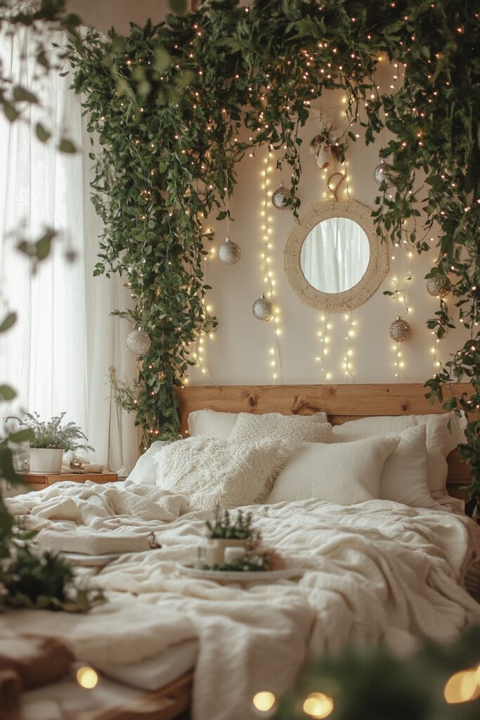 29 Boho Xmas Decor Bedroom Ideas for Crafting a Relaxing and Stylish Christmas Vibe 28 Lush Garland Boho Glow