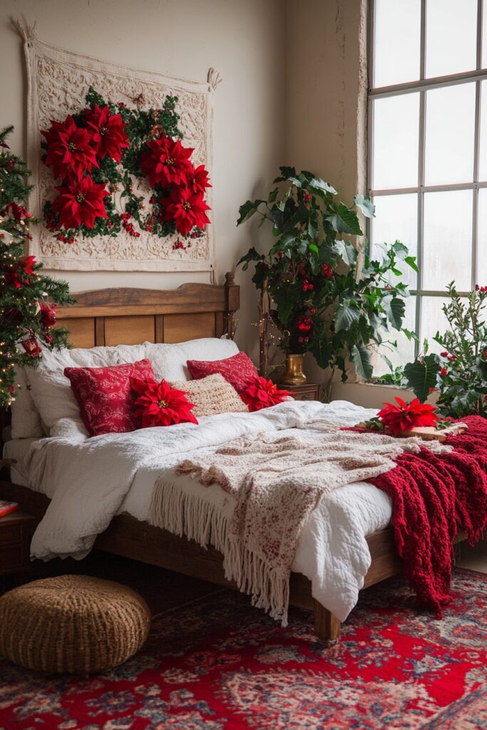 29 Boho Xmas Decor Bedroom Ideas for Crafting a Relaxing and Stylish Christmas Vibe 8 Poinsettia Boho Charm