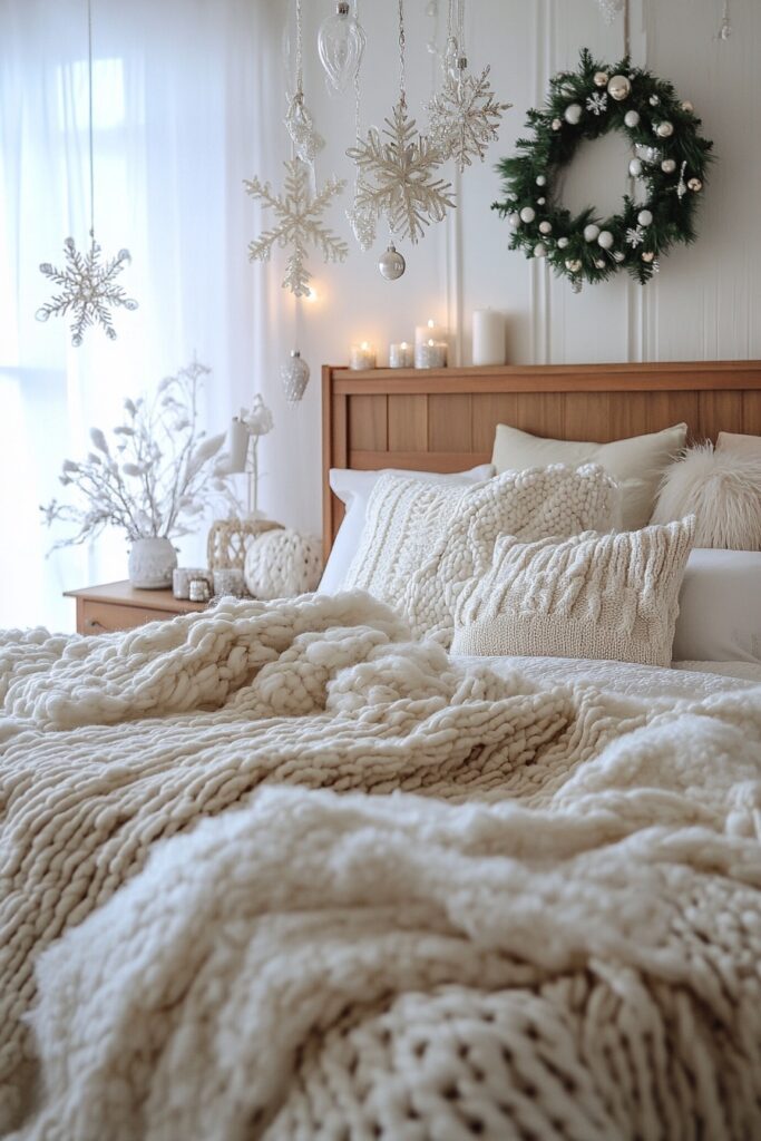 29 Boho Xmas Decor Bedroom Ideas for Crafting a Relaxing and Stylish Christmas Vibe 4 Snowflake Tranquility Room
