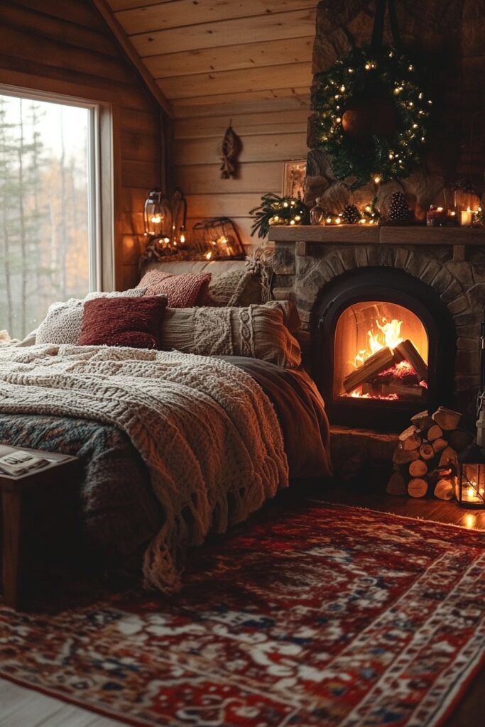 29 Boho Xmas Decor Bedroom Ideas for Crafting a Relaxing and Stylish Christmas Vibe 25 Warm Fireside Retreat