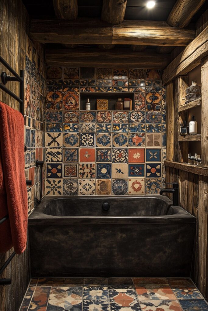 29 Small Cabin Bathroom Ideas for Rustic and Modern Vibes 21 Artistic Tile Focal Point