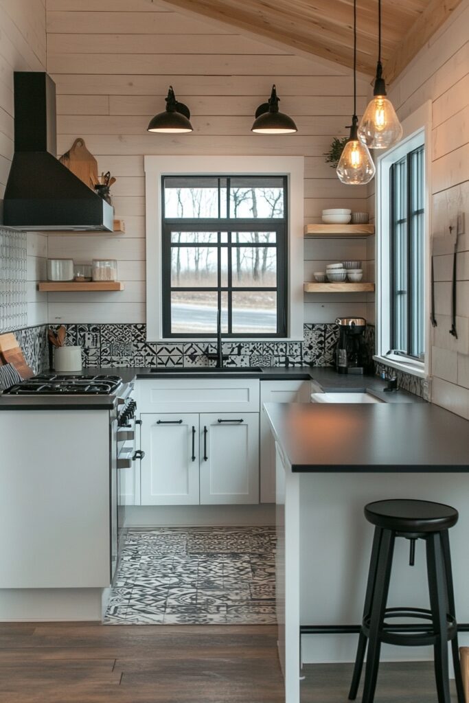 29 Small Cabin Kitchen Ideas Perfect for Cozy Living 3 Black and White Boldness