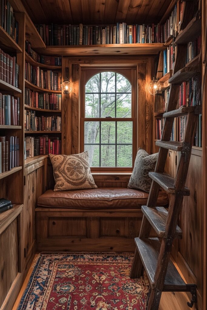 29 Small Cabin Aesthetic Ideas to Create a Warm and Inviting Atmosphere 16 Compact Library Nook