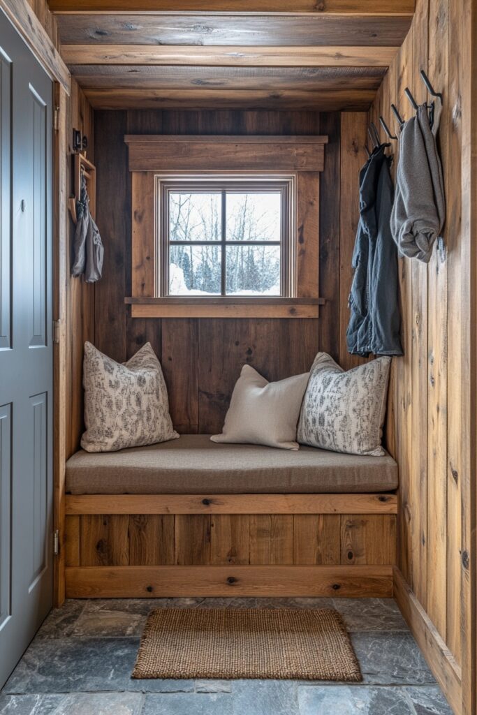 29 Small Cabin Aesthetic Ideas to Create a Warm and Inviting Atmosphere 4 Cozy Entryway Nook