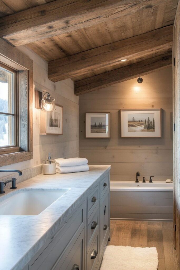 29 Small Cabin Bathroom Ideas for Rustic and Modern Vibes 5 Exposed Beam Chic