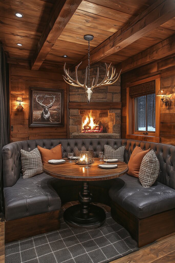 29 Small Cabin Aesthetic Ideas to Create a Warm and Inviting Atmosphere 6 Fireplace Dining Alcove