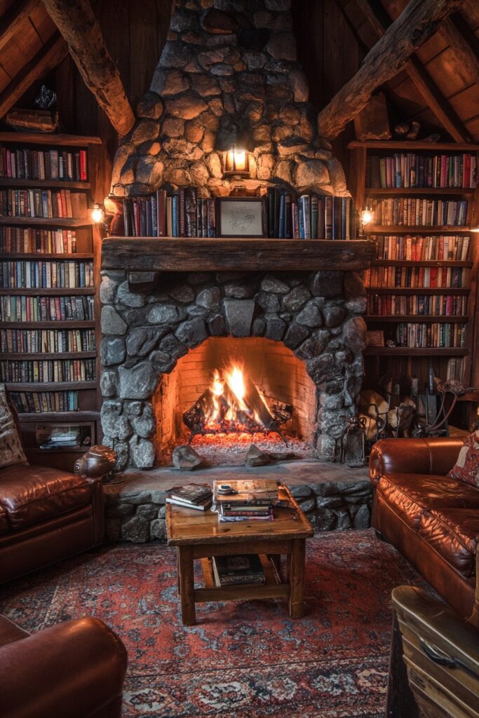 29 Small Cabin Aesthetic Ideas to Create a Warm and Inviting Atmosphere 26 Fireside Relaxation Area