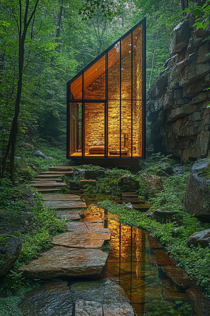 29 Small Cabin Exterior Ideas for a Perfect Rustic Retreat 19 Glass-Walled Cabin