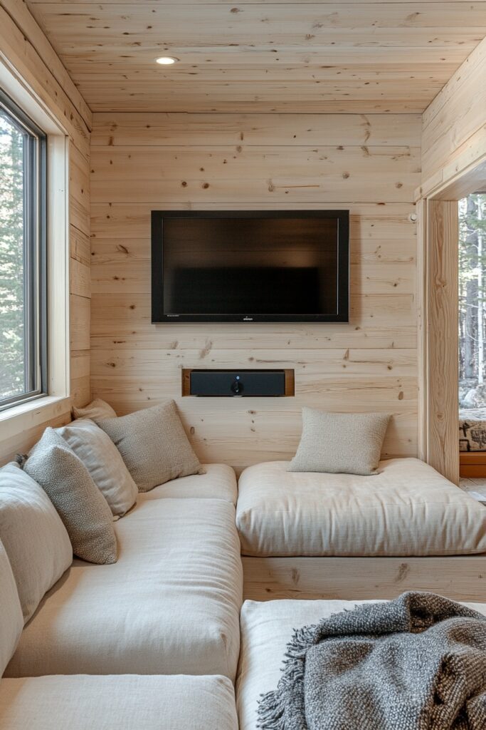 29 Small Cabin Aesthetic Ideas to Create a Warm and Inviting Atmosphere 22 Minimalist Media Space