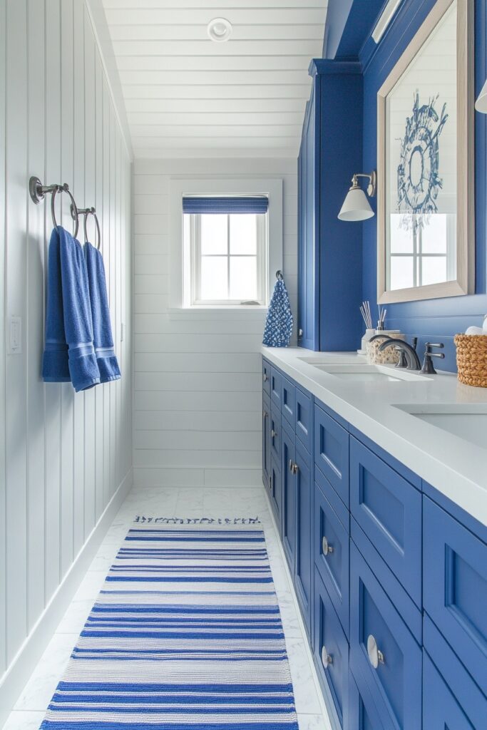 29 Small Cabin Bathroom Ideas for Rustic and Modern Vibes 9 Nautical Blue and White