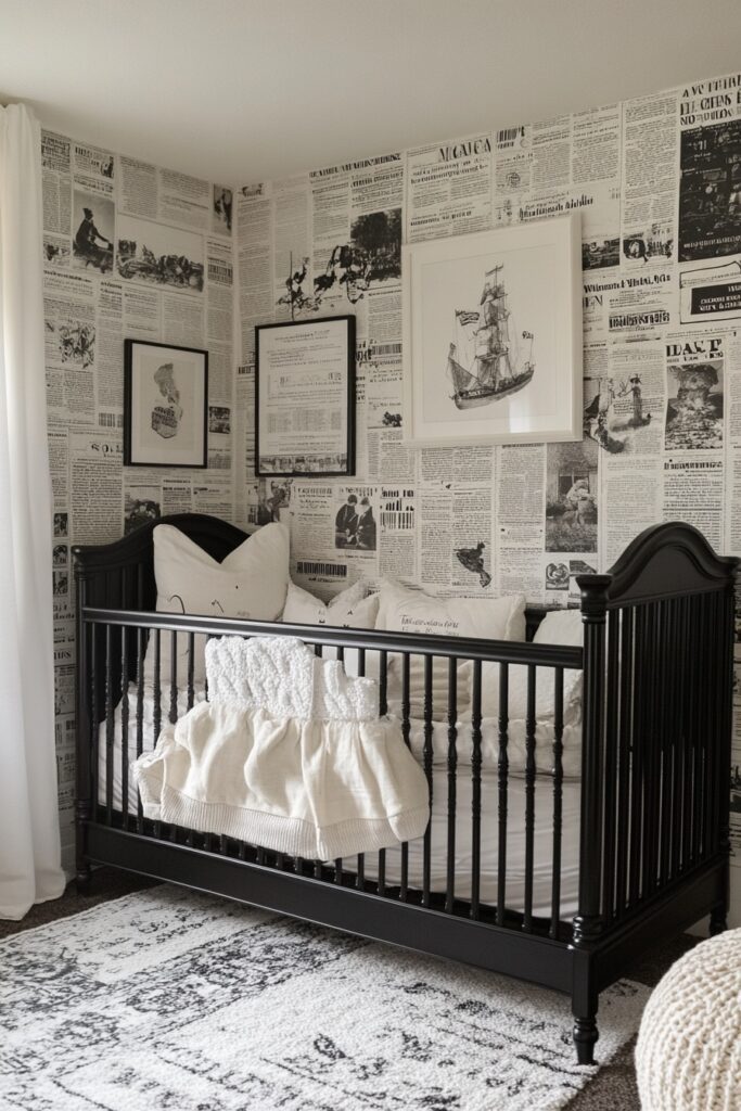 29 Nursery Room Vintage Ideas for a Timeless and Charming Space 28 Newspaper Print Baby Room
