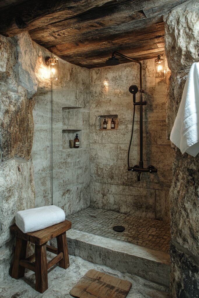 29 Small Cabin Bathroom Ideas for Rustic and Modern Vibes 2 Rustic Stone Shower