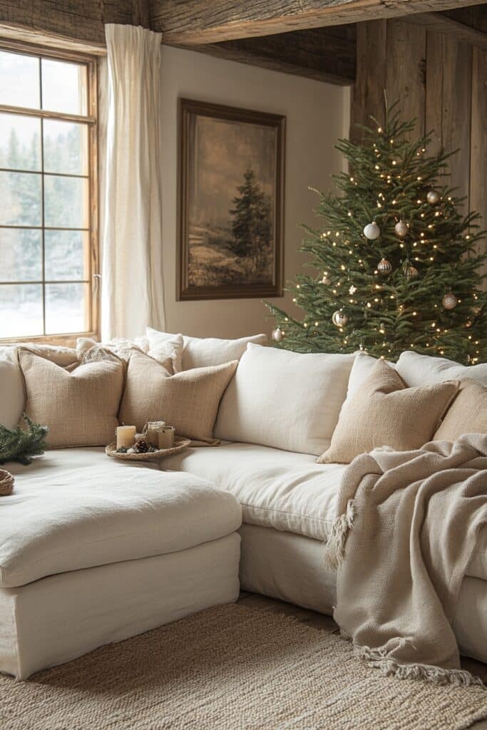 29 Neutral Christmas Decor Ideas for a Peaceful and Stylish Christmas 4 Rustic Textured Charm