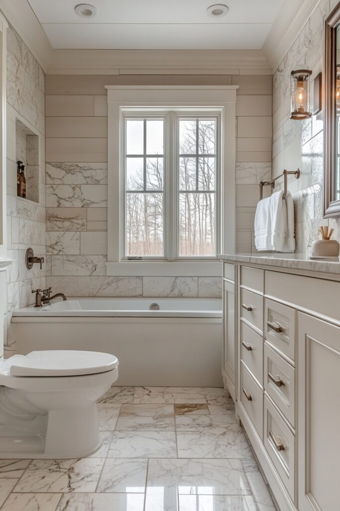 29 Small Cabin Bathroom Ideas for Rustic and Modern Vibes 22 Transitional Elegance