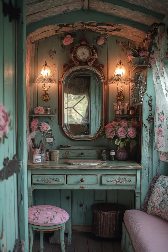 29 Small Cabin Aesthetic Ideas to Create a Warm and Inviting Atmosphere 29 Vintage Vanity Corner