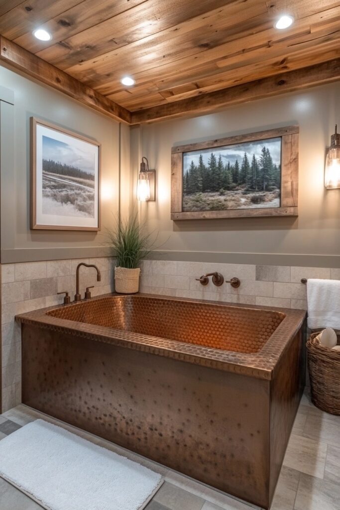 29 Small Cabin Bathroom Ideas for Rustic and Modern Vibes 18 Warm Copper Fixtures