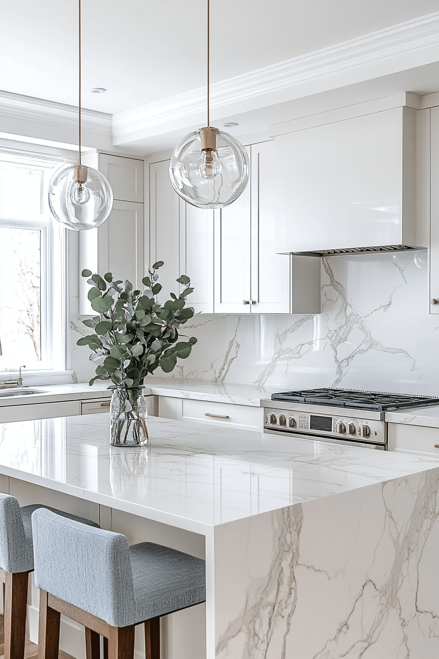 29 White Marble Kitchen Spaces That Feel Polished and Peaceful 10 white marble kitchen