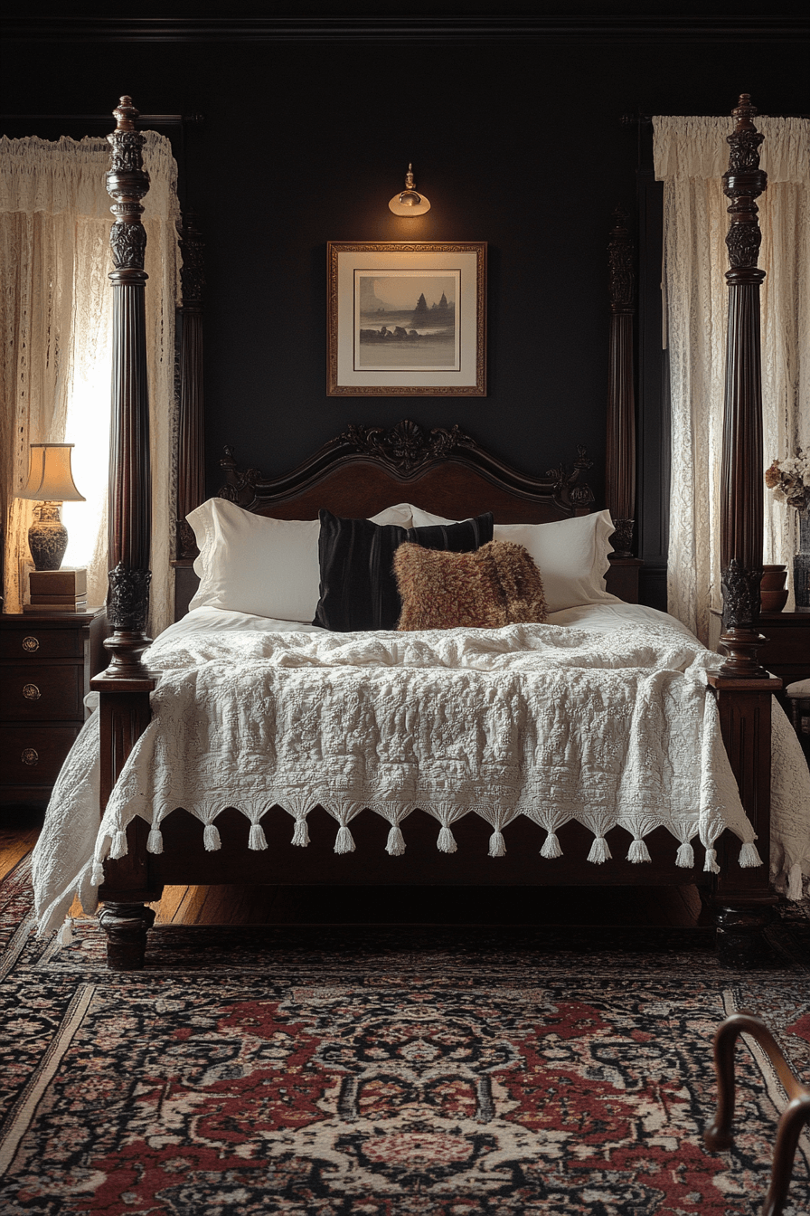29 Dark Victorian Bedroom Looks to Create a Dreamy Gothic Escape 25 dark victorian bedroom