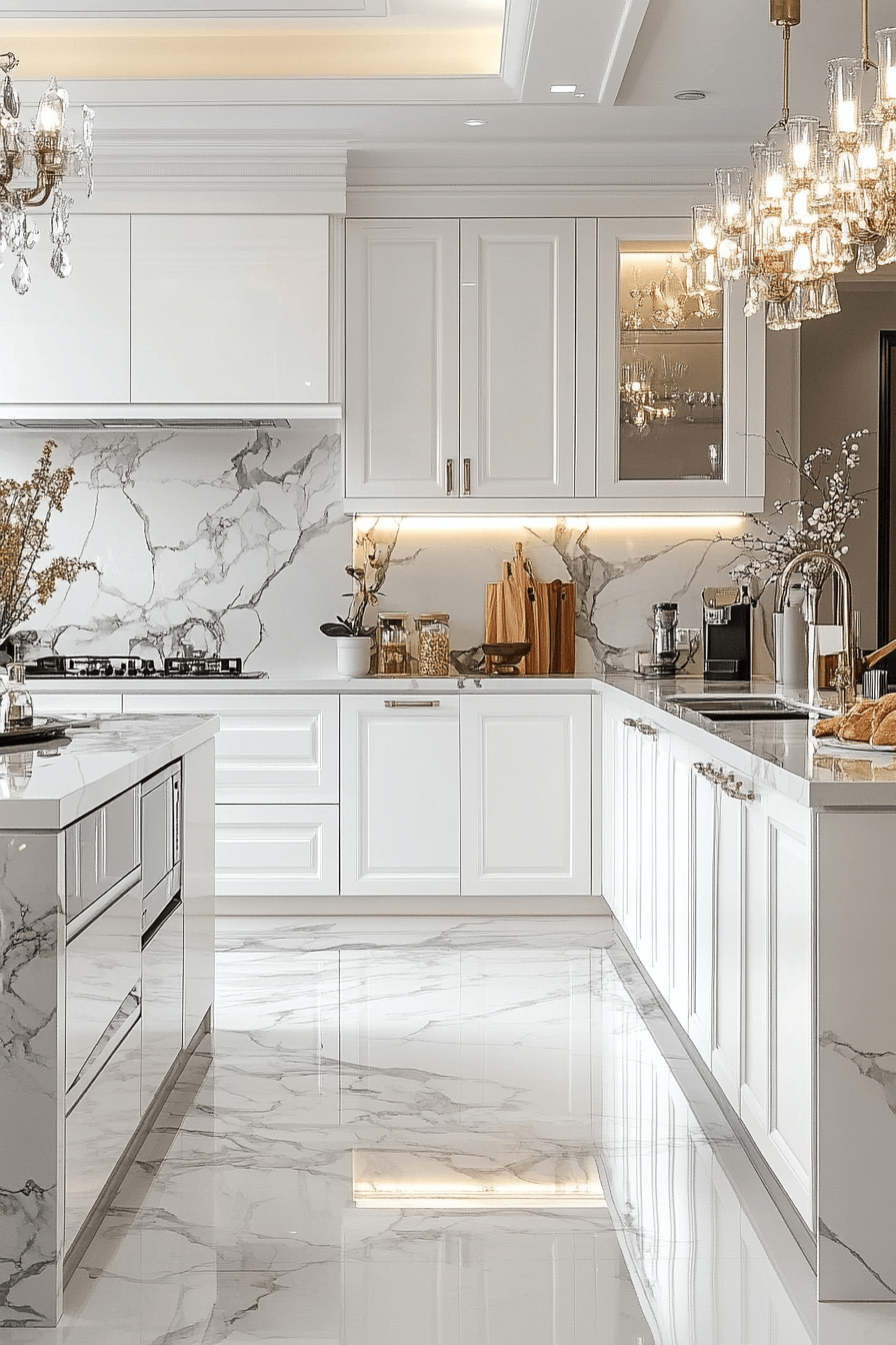 29 White Marble Kitchen Spaces That Feel Polished and Peaceful 4 white marble kitchen