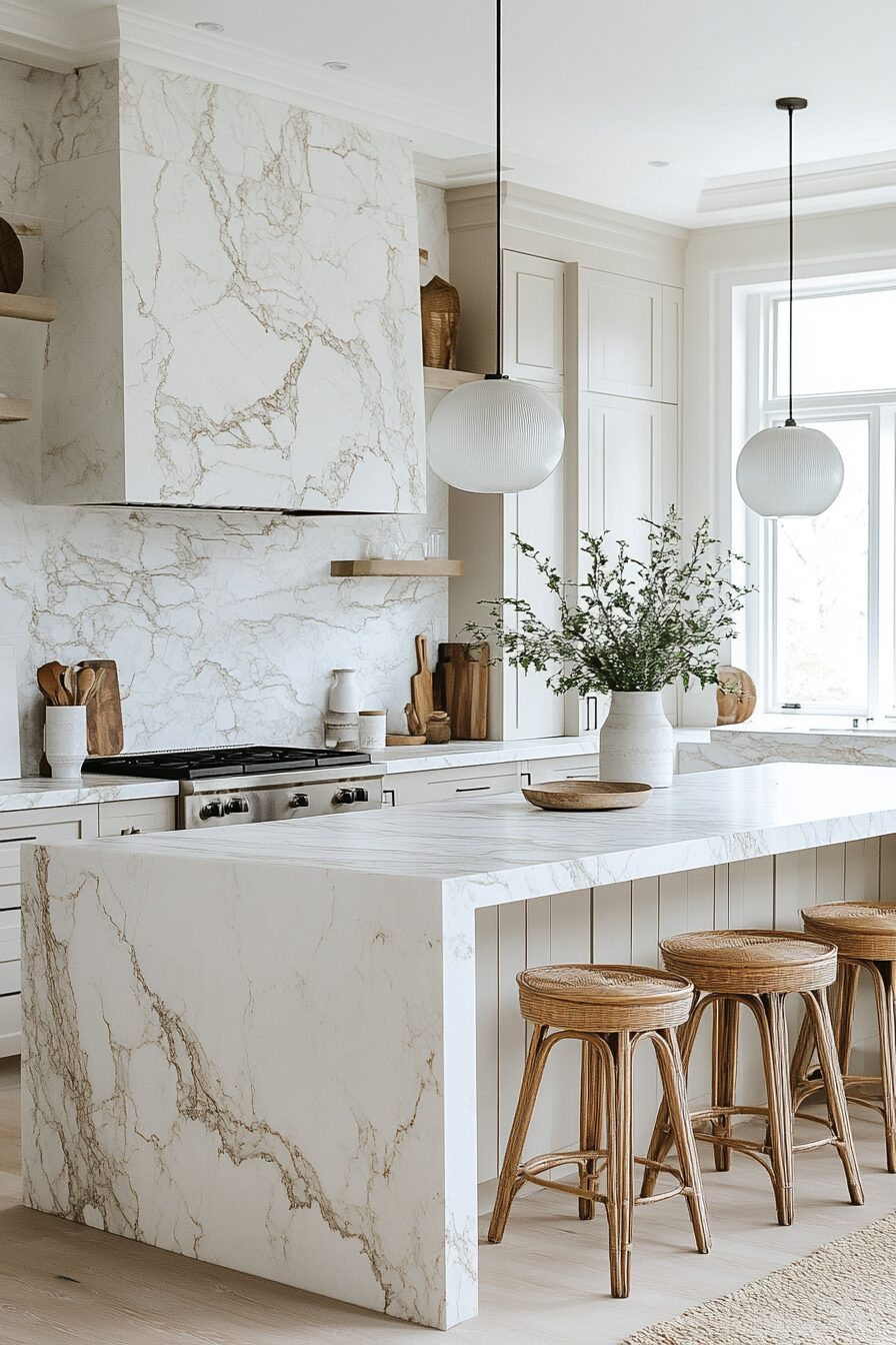 29 White Marble Kitchen Spaces That Feel Polished and Peaceful 14 white marble kitchen
