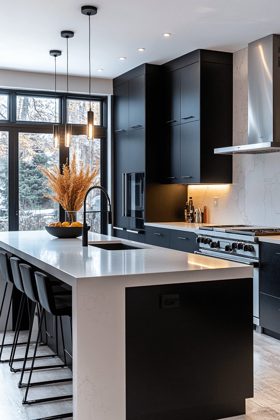 black cabinets white countertops