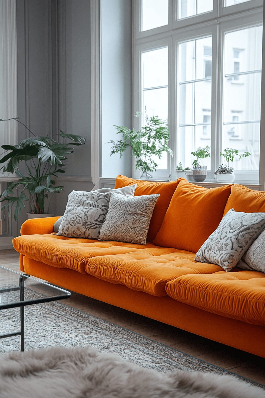 29 Orange Couch Living Room Inspirations That Make Your Space Pop 1 orange couch living room