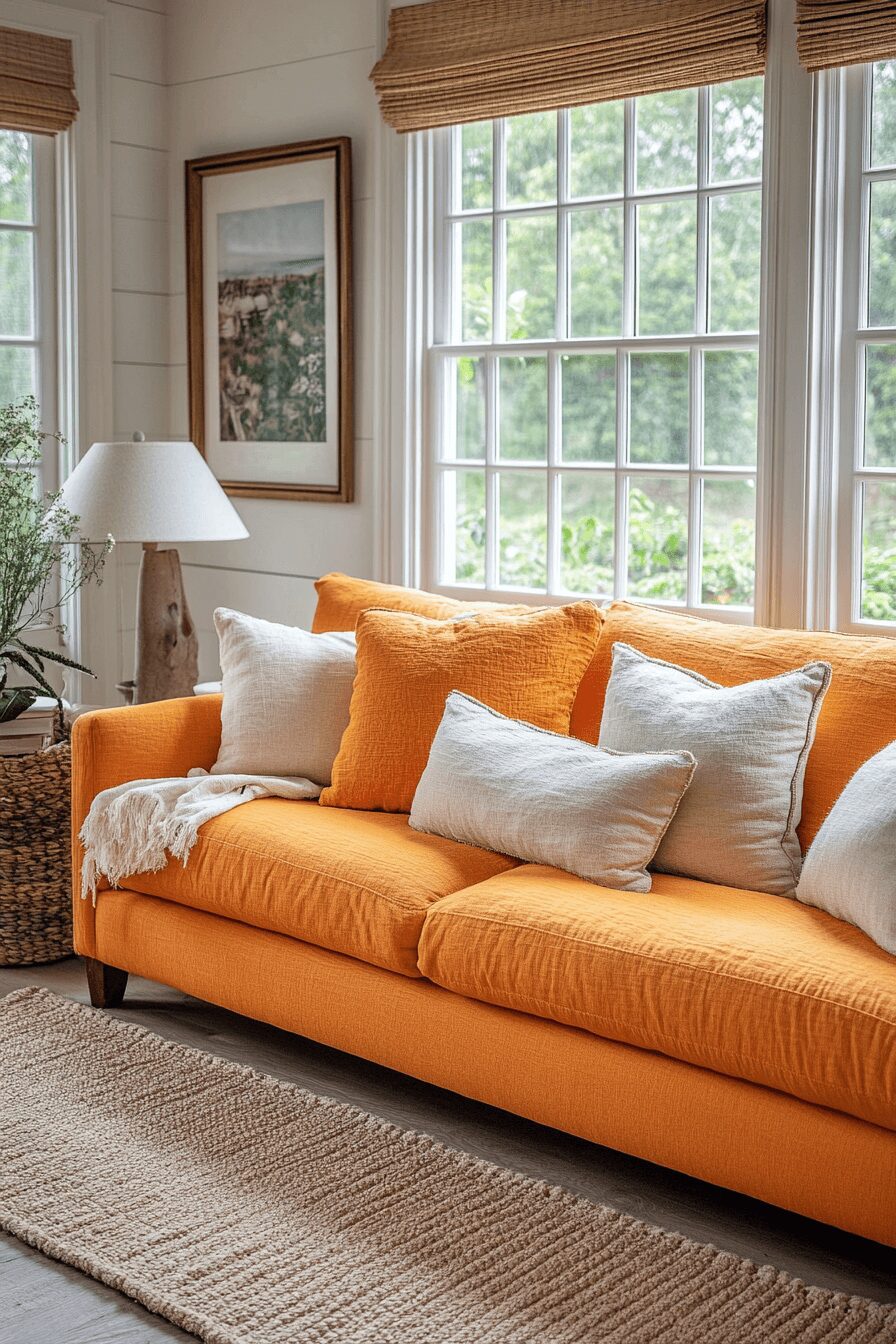 29 Orange Couch Living Room Inspirations That Make Your Space Pop 21 orange couch living room