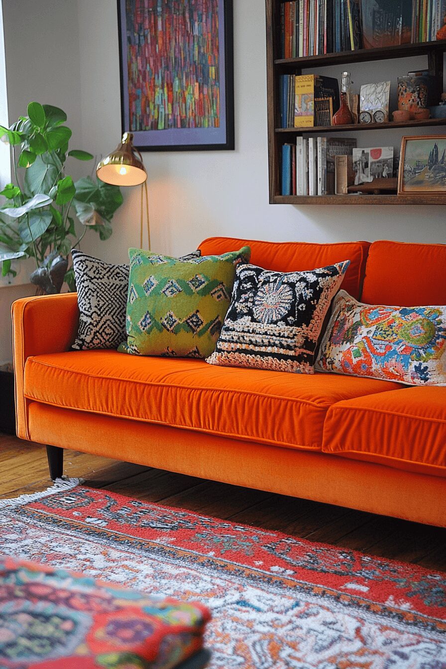 29 Orange Couch Living Room Inspirations That Make Your Space Pop 28 orange couch living room