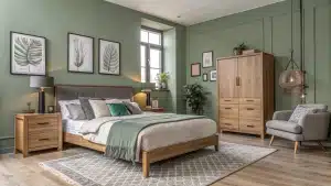 sage green and grey bedroom
