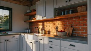 farmhouse kitchen brick backsplash