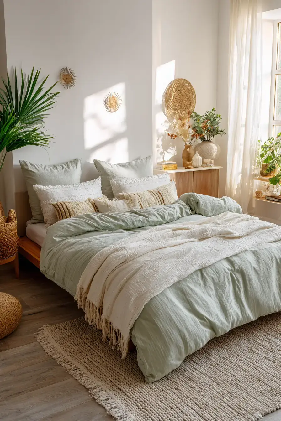29 Green Boho Bedroom Ideas with Real Plants and Rattan 10