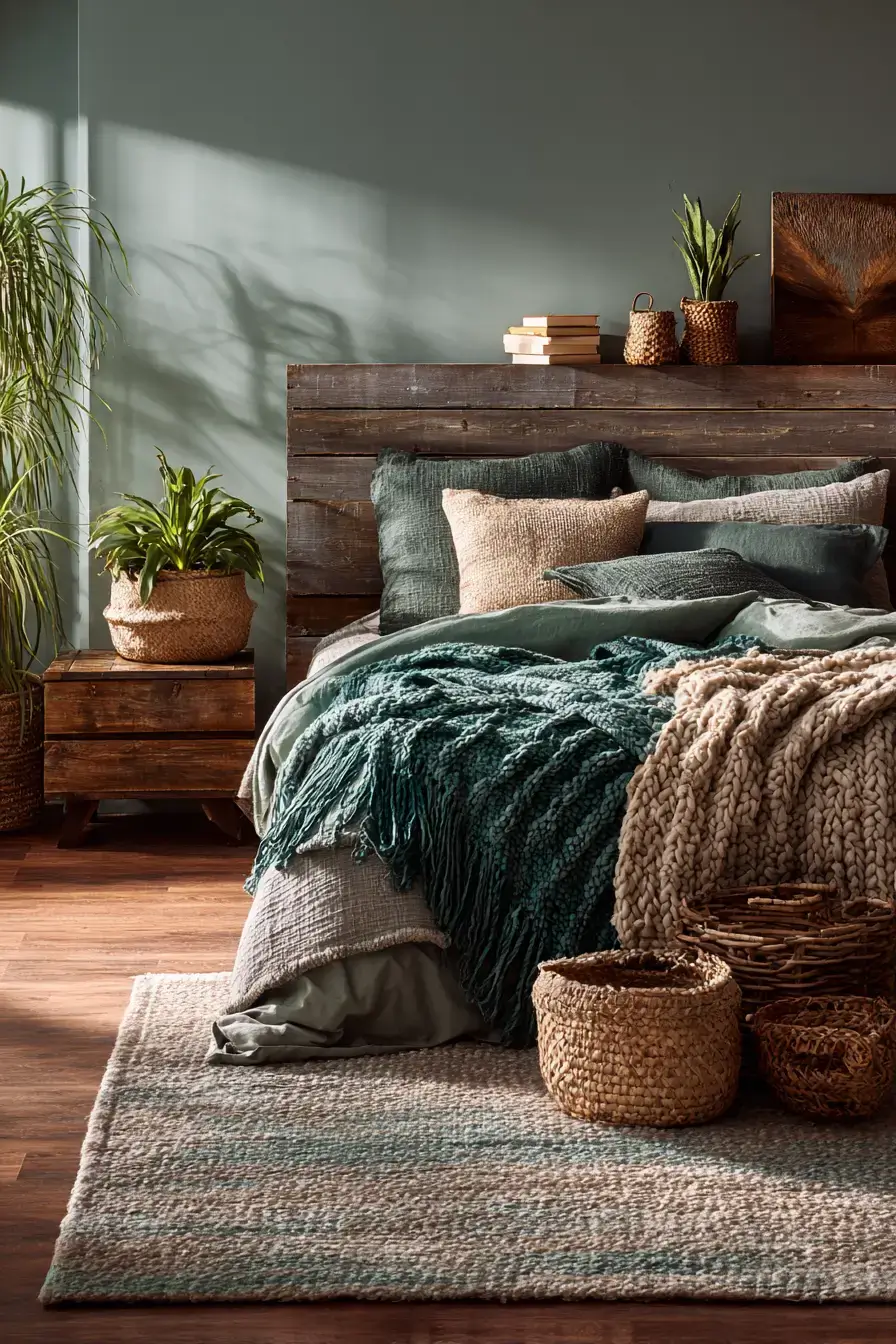 29 Green Boho Bedroom Ideas with Real Plants and Rattan 11