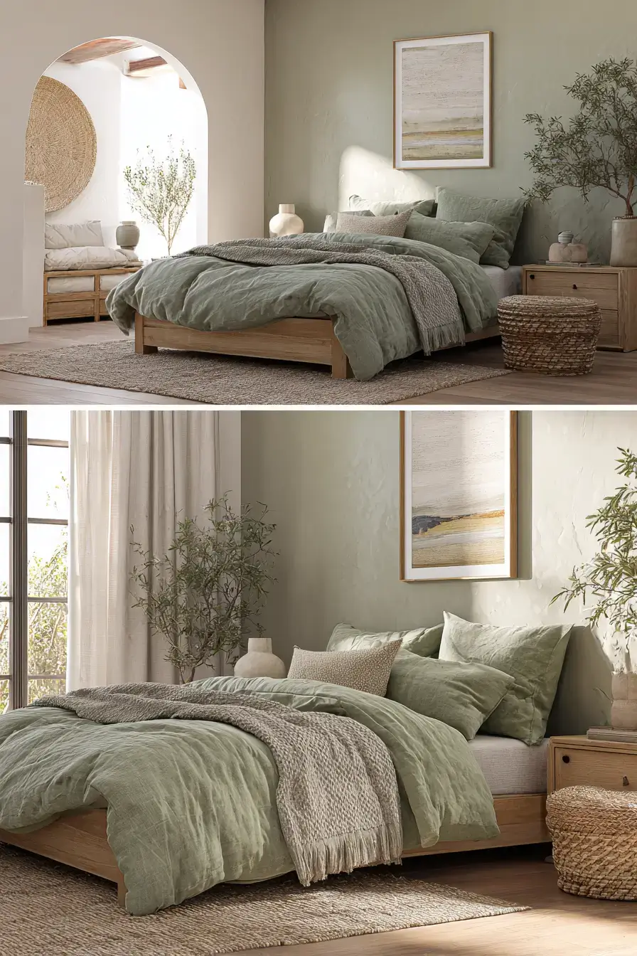 29 Green Boho Bedroom Ideas with Real Plants and Rattan 12