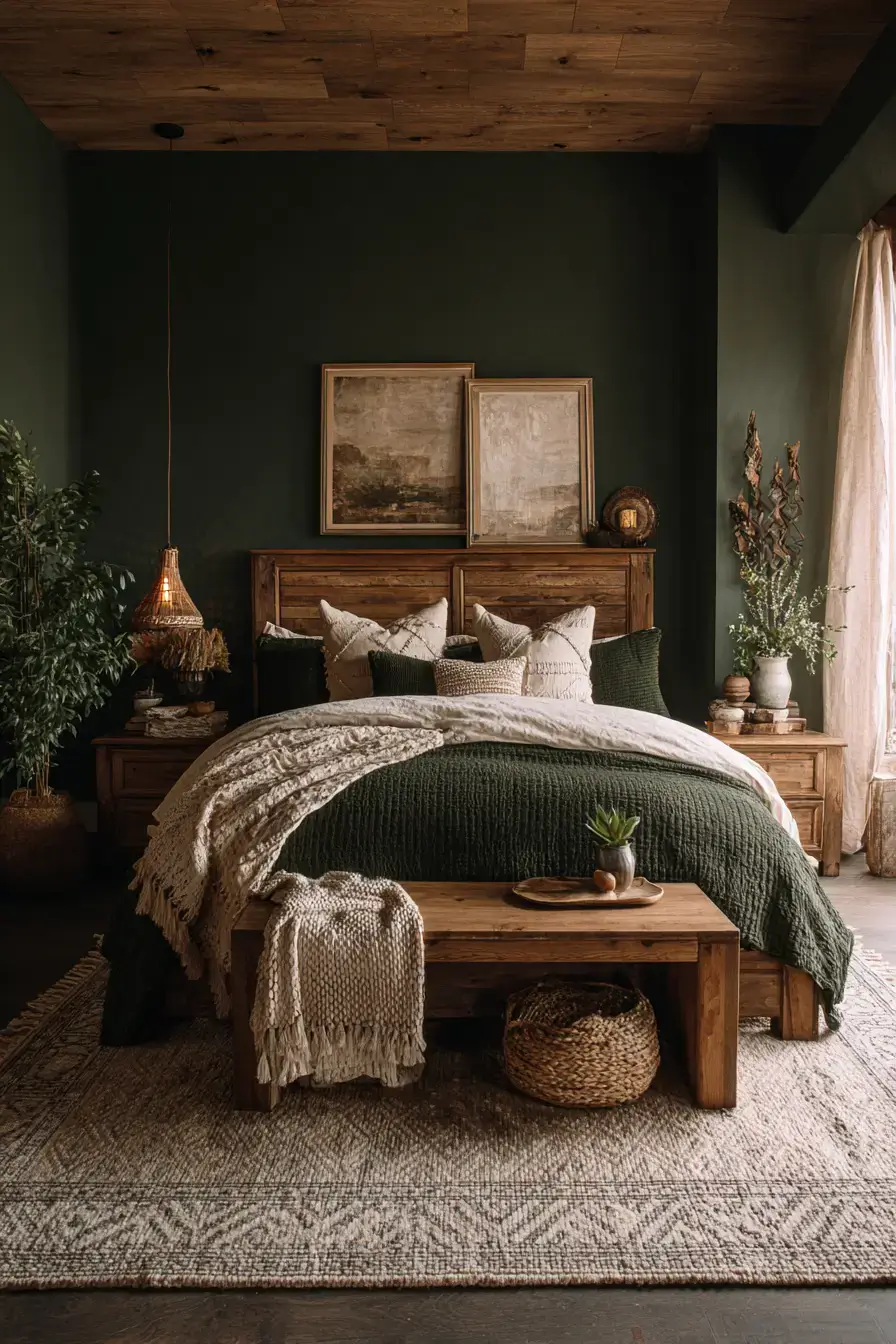 29 Green Boho Bedroom Ideas with Real Plants and Rattan 15