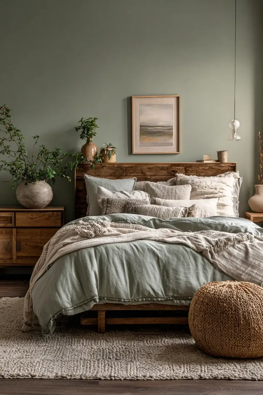 29 Green Boho Bedroom Ideas with Real Plants and Rattan 16