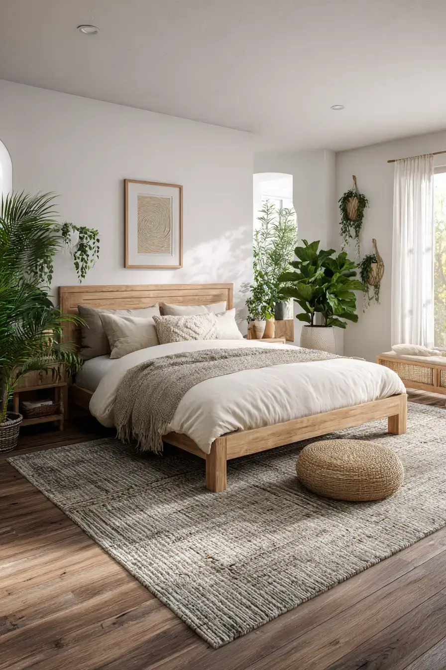29 Green Boho Bedroom Ideas with Real Plants and Rattan 17