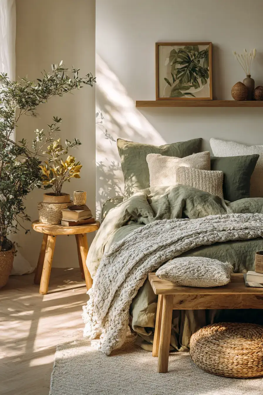 29 Green Boho Bedroom Ideas with Real Plants and Rattan 18